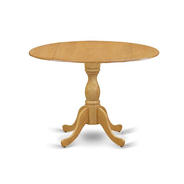 Round Mid Century Table Drops Leave Oak Color Table Top Surface and Asian Wood Kitchen Dining Table Pedestal Legs -Oak Finish