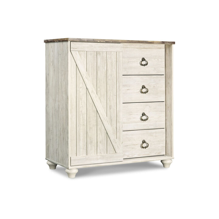 Isla Dresser Chest, 4 Drawer, Sliding Barn Door, Brown Top, Whitewash - Benzara