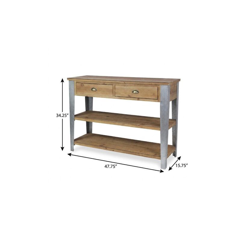 HomeRoots 48" Natural and Gray Wood Console Table With Two Shelves And Two Drawers image number 5