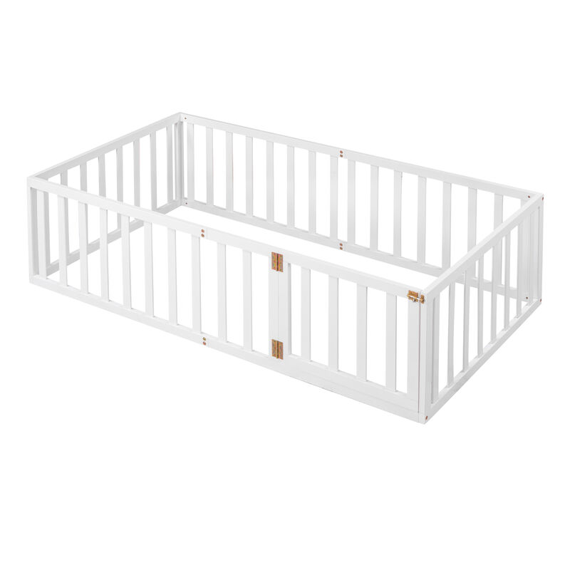 Streamdale Twin Size Wood Floor Bed Frame With Fence And Door
