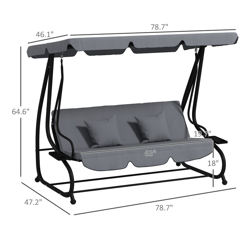 Outdoor 3-Person Patio Porch Swing Hammock Bench with Adjustable Canopy, Grey