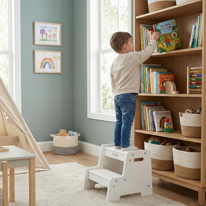 Stepup Baby&reg; Wooden 2-Step Stool - White for Toddlers from Age 3+ | Toddler Stool Helps Children Reach Sinks and Counters Safely