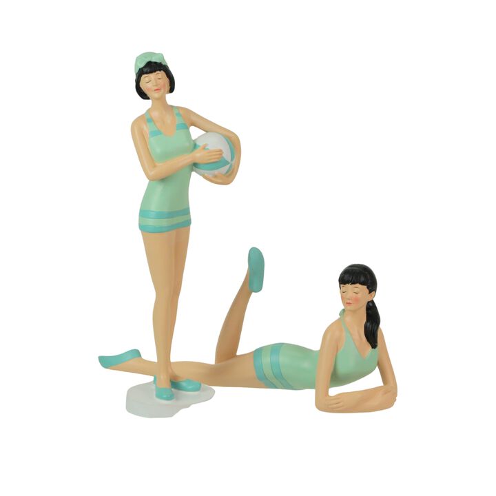 Retro Bathing Beauty Figurine Set &ndash; Striped Swimsuits, Coastal Home Decor