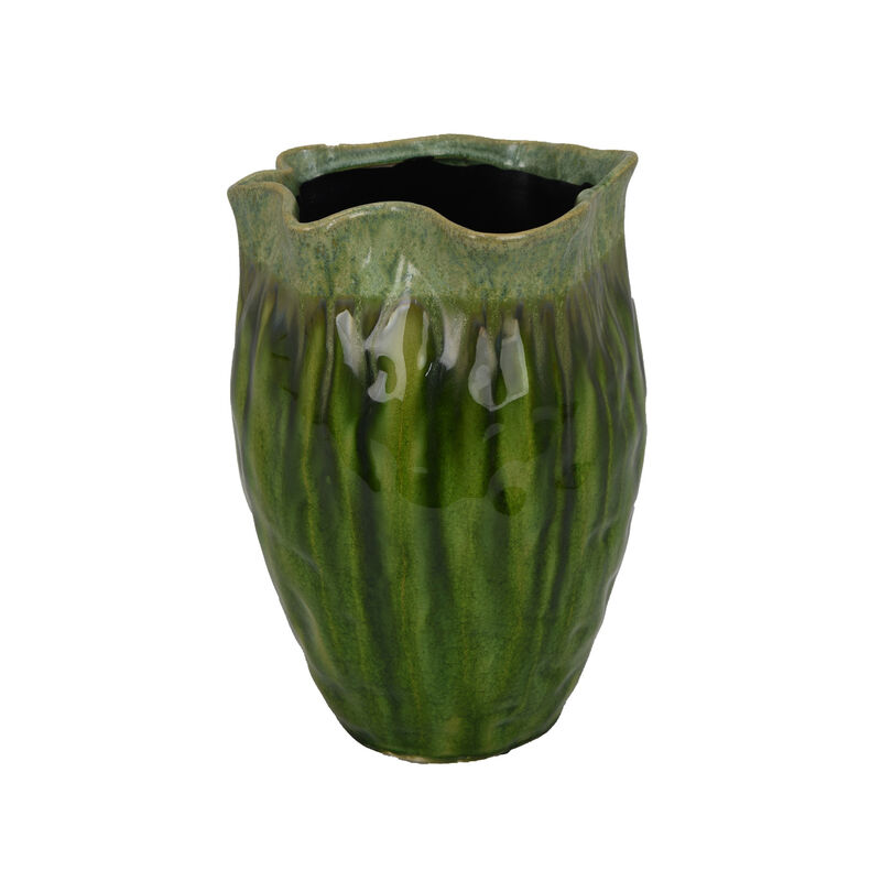 Ashly Decorative Planter with Scalloped Rim, Green Textured Ceramic 11 Inch image number 2