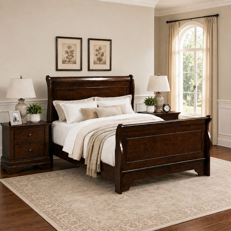 Queen Bedroom Set, Brown Wood, 3 Piece Set with 2 Nightstands image number 8