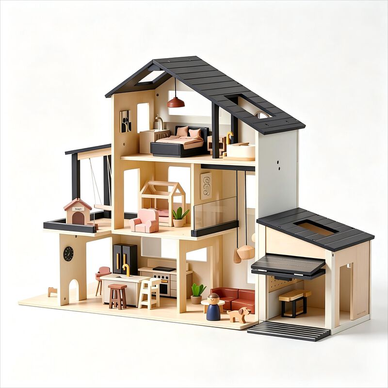 Wooden Doll House, Black Dollhouse & Dollhouse Garage & Extra Dolls Set image number 0