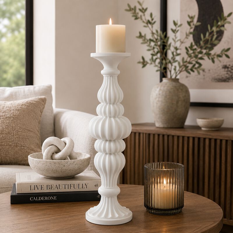 Tabletop D&eacute;cor Candle Holder, Fluted Turned Baluster, White Resin, 18 Inch image number 8