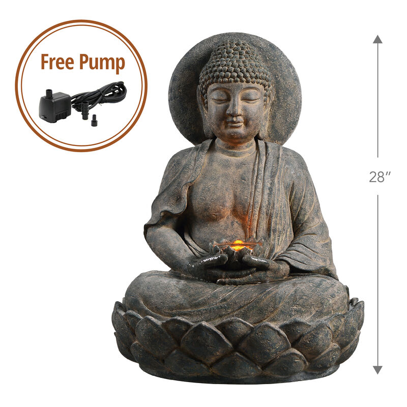 Teamson Home 28.35" Buddha Outdoor Water Fountain with LED Lights, Rustic Gray