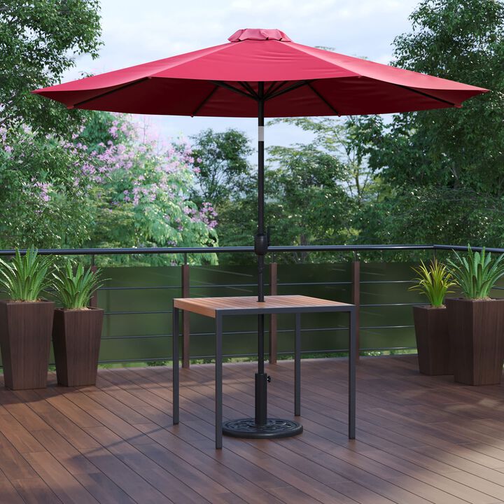 Flash Furniture 3 Piece Outdoor Patio Table Set - Natural Faux Teak Dining Table - 35" Square Synthetic Teak Patio Table with Umbrella Hole - Red Umbrella with Base