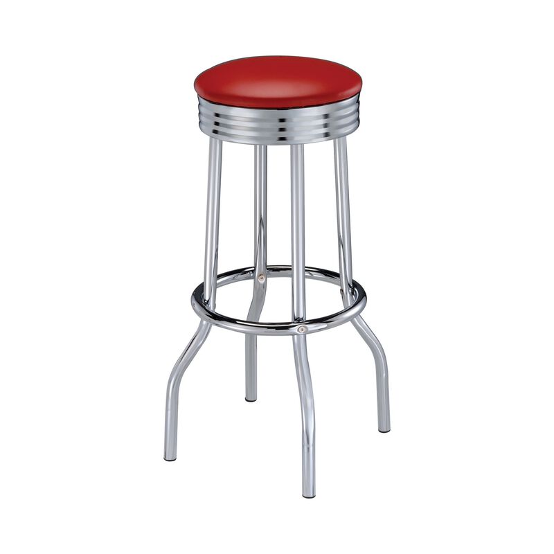 30 Inch Set of 2 Retro Barstools, Retro Red Faux Leather Seats, Chrome Legs - Benzara