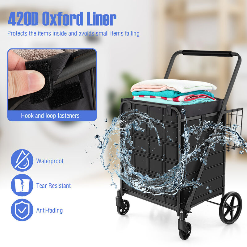 Folding Shopping Cart with Waterproof Liner Wheels and Basket