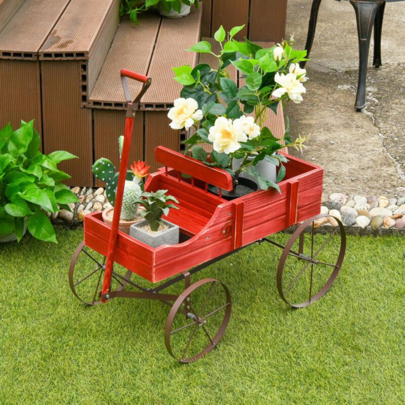 Hivvago Wooden Wagon Plant Bed with Metal Wheels for Garden Yard Patio