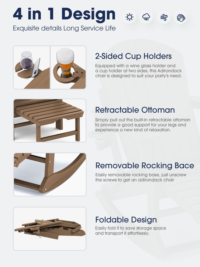 KINGYES Folding Adirondack Rocking Chair with Retractable Ottoman and Cup Holders, 4-in-1 Multifunctional HDPE Adirondack Chair