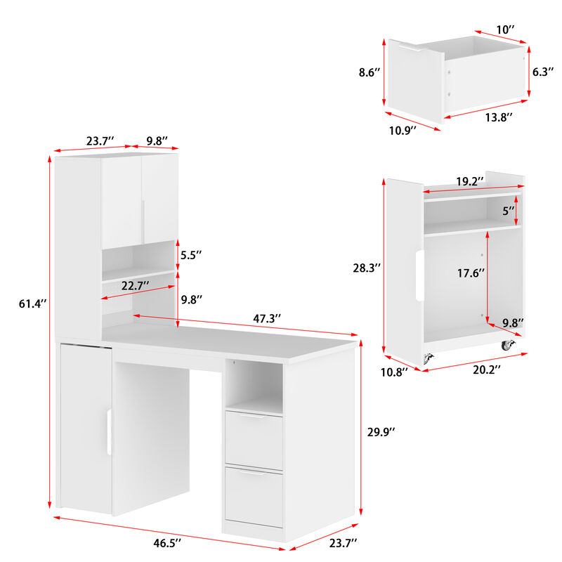 FUFU&GAGA White Study Desk & Storage Cabinet with Sliding Door, Open Shelves & Pegboard, E1 Particle Board, Metal Handles (47.3 in. W x 23.7 in. D x 61.4 in. H)