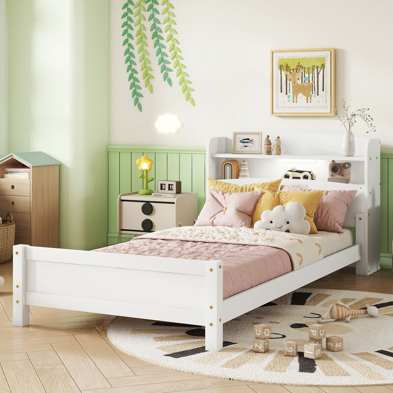 Whisen Twin Pine Wood Bed with Bookcase Headboard ,LED Motion Sensor Light, Guardrails-White