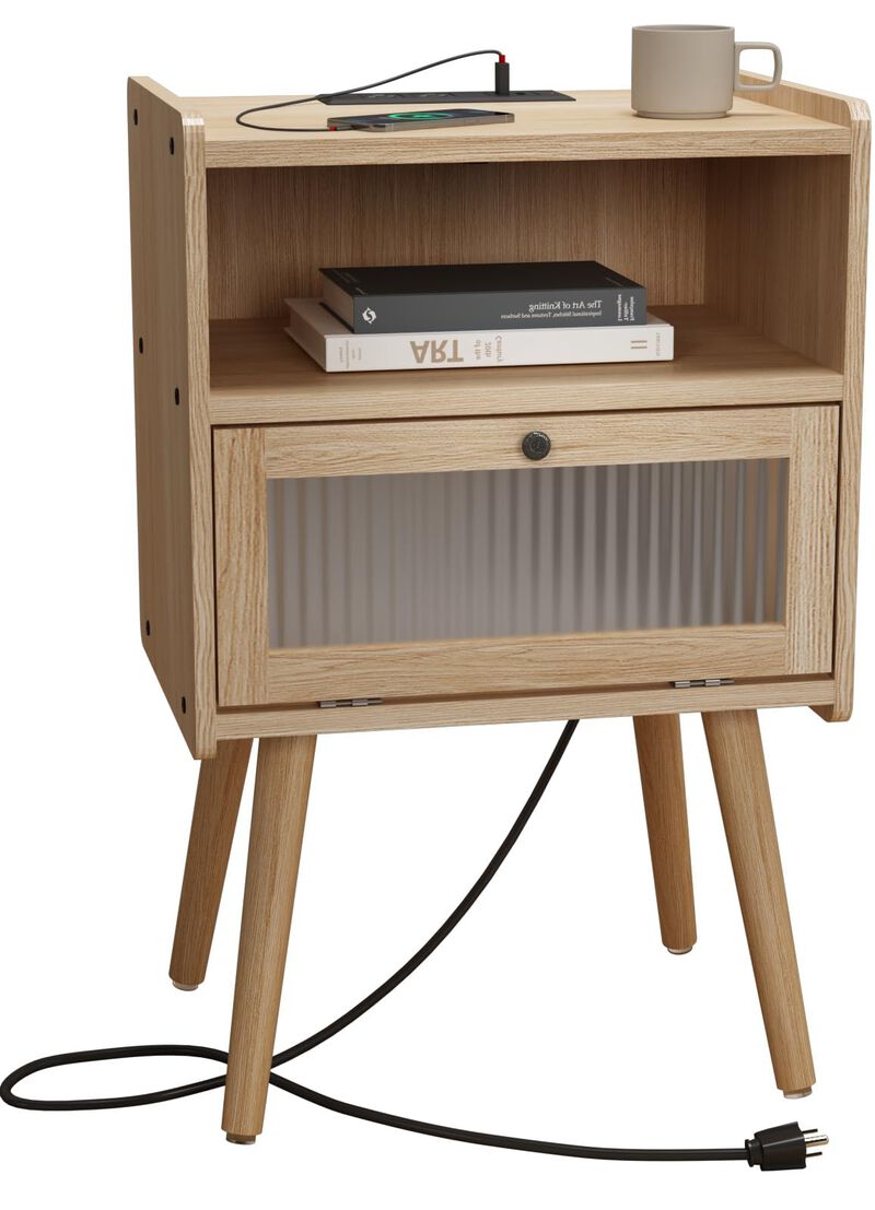 Mid Century Modern Nightstand with Charging Station, Bedside Tables with Glass Door, End Table Side Table with 2 Tiers Storage S