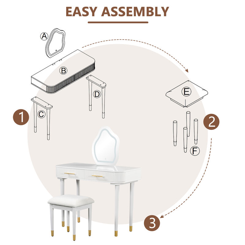 40" Modern Vanity Table Set with Mirror Touch Screen Lighted Mirror, Dressing Table and Cushioned Stool Set with 2 Large Drawers, White