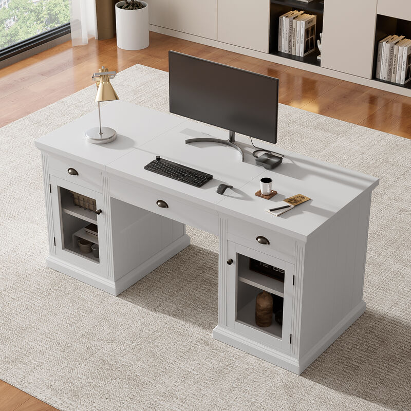 Whisen 67" Modern Executive Desk with 2 Glass Doors & 3 Drawers, Glass & Solid Wood Computer Workstation for Home Office image number 3