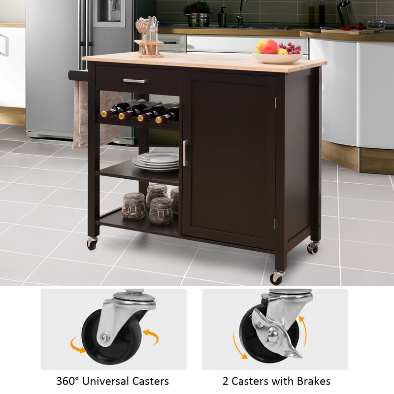 Kitchen Island Cart Rolling Serving Cart Wood Trolley-Brown
