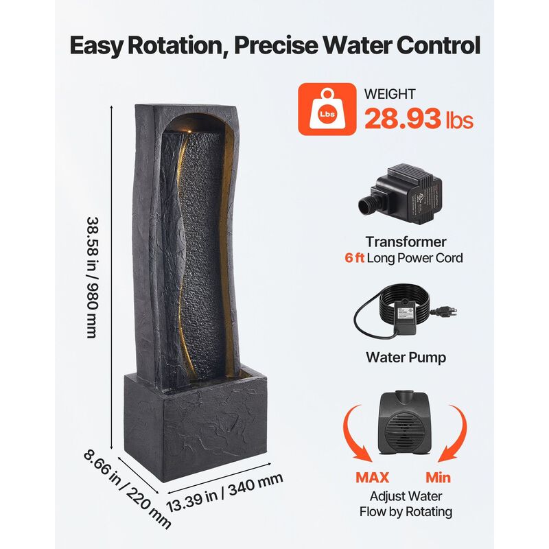 1-Tier Outdoor Water Fountain with LED Light, Rock Base Floor Design for Garden Patio image number 6