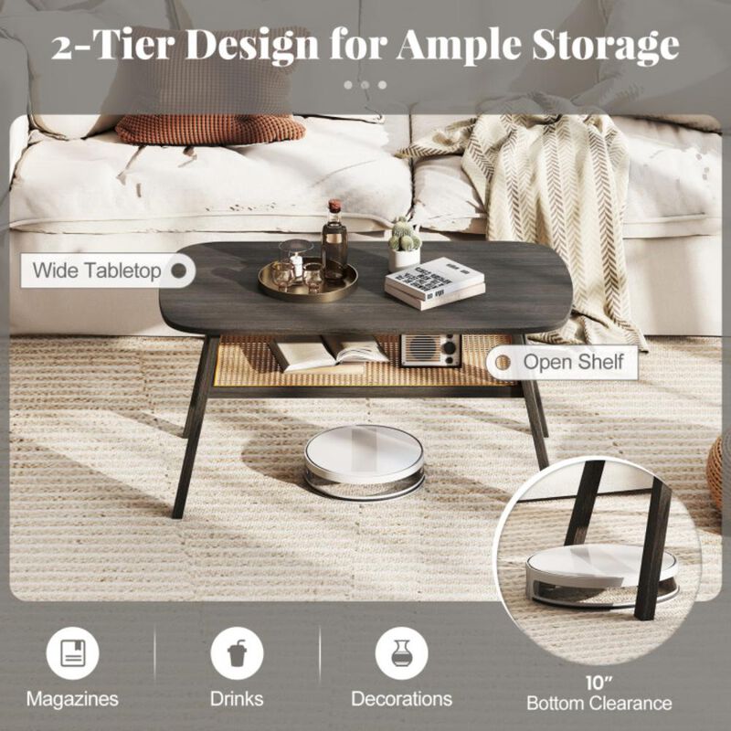 Hivvago 2-Tier Rectangular Center Coffee Table with Rattan Storage Shelf and Rubber Wood Legs