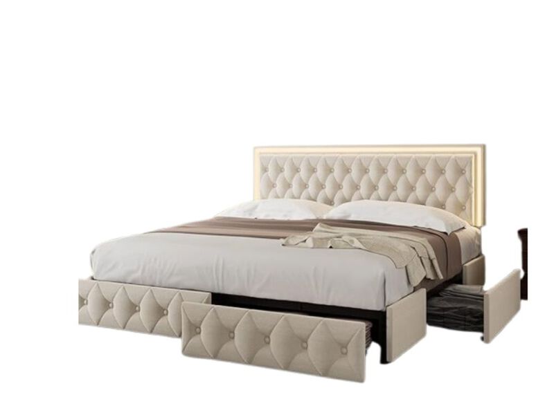 Queen Upholstered Led Bed Frame With 4 Drawers, Velvet Platform Storage Bed With Adjustable Button Tufted Headboard And Solid Wooden Slats Support, No Box Spring Needed, Beige