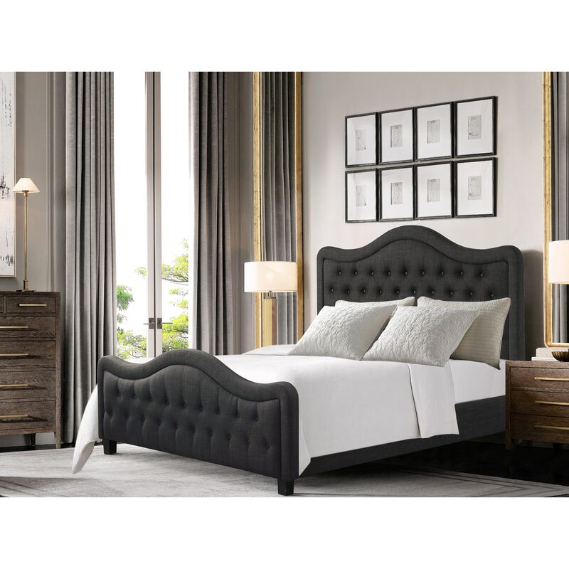 Upholstered Bed with Curved Headboard and Footboard Button Tufted Platform Bed Sturdy Solid Wood Frame
