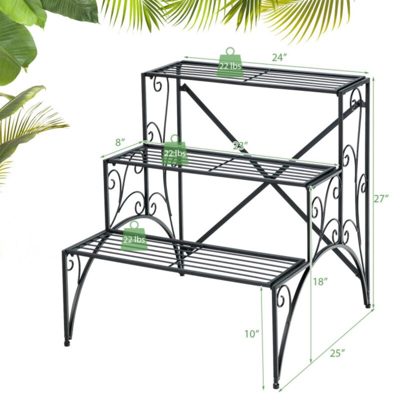 Hivvago 3-Tier Metal Plant Stand with Widened Grid Shelf for Porch Garden-Black