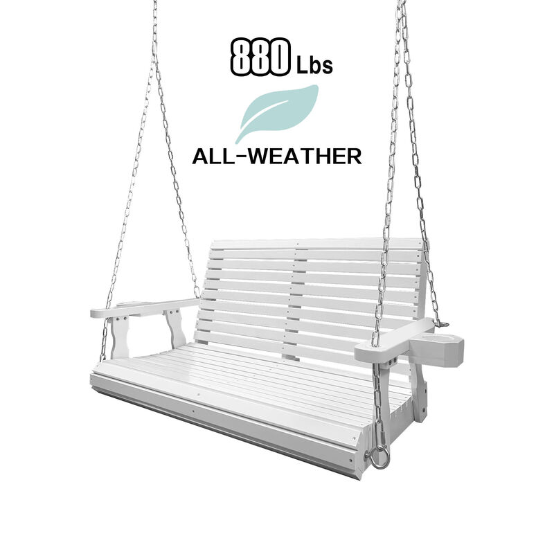 Wooden Porch Swing 2-Seater, Bench Swing with Cupholders, Hanging Chains and 7mm Springs, Heavy Duty 800 LBS, for Outdoor Patio Garden Yard (White)