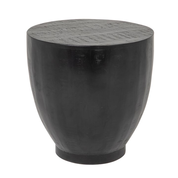 Round Mango Wood Drum End Table with Combed Finish, Black