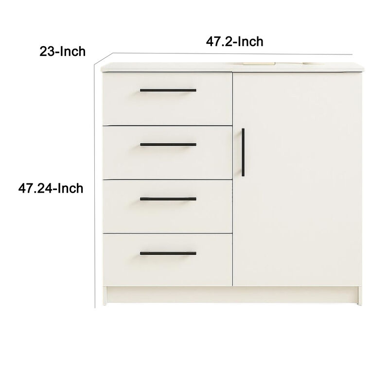 Roby Large Dresser Chest, 4 Drawers w Cabinet, 47 Inch, White Melamine
