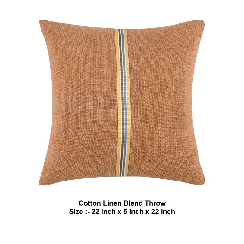 Square Accent Throw Pillow, 22 Inch Striped Brown Cotton Linen Blend - Benzara