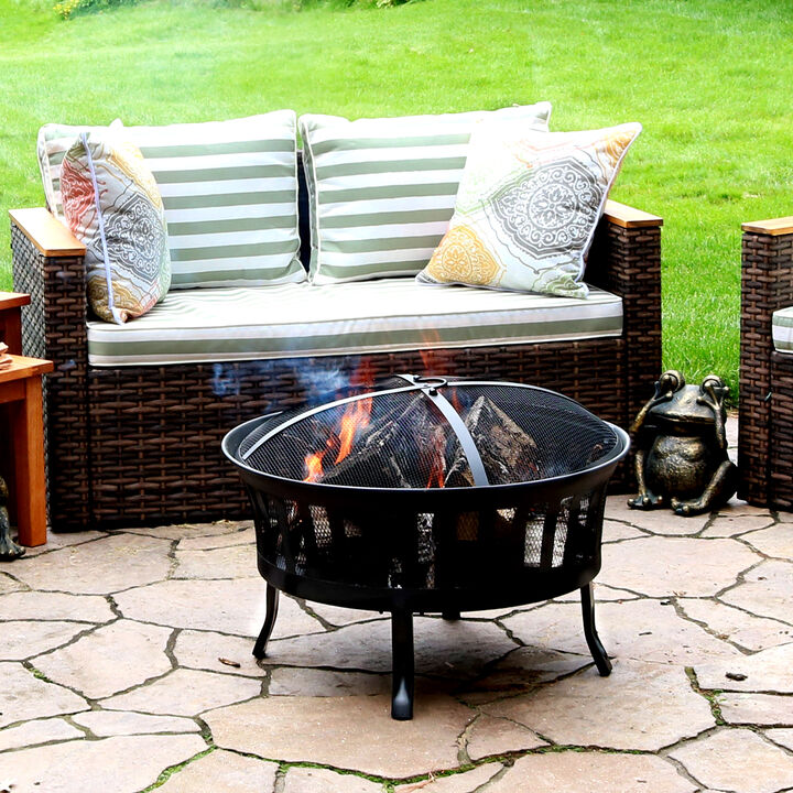 Sunnydaze 25 in Mesh Stripe Steel Fire Pit with Spark Screen and Poker