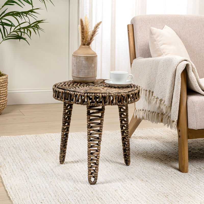 Amara Coastal Bohemian Handwoven Water Hyacinth Round Tripod End Table image number 1