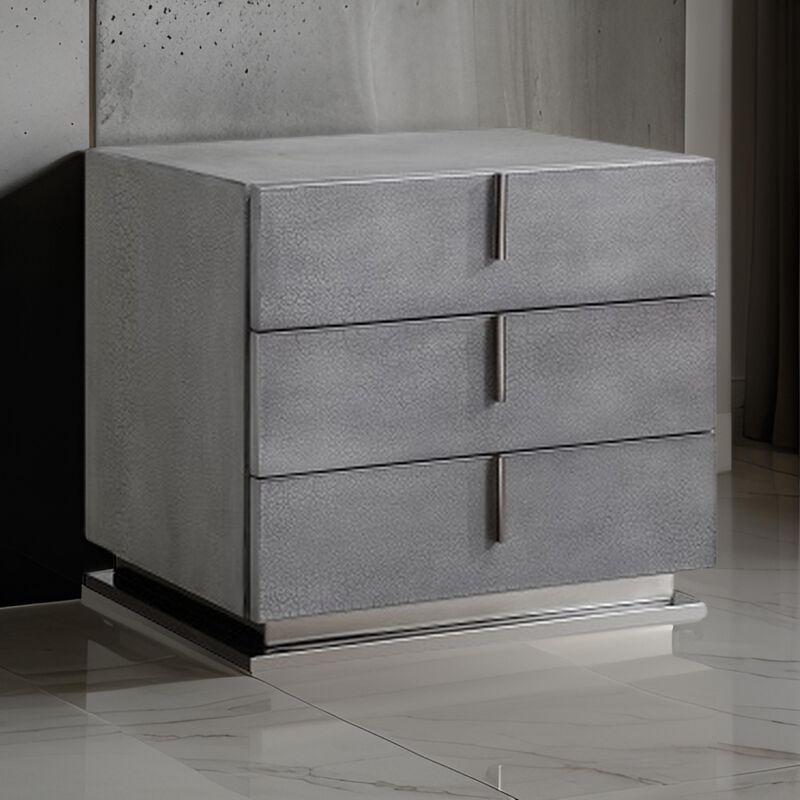 Cid Jely 24 Inch Nightstand, 3 Drawers, Crackled Lacquer Texture, Gray - Benzara image number 4