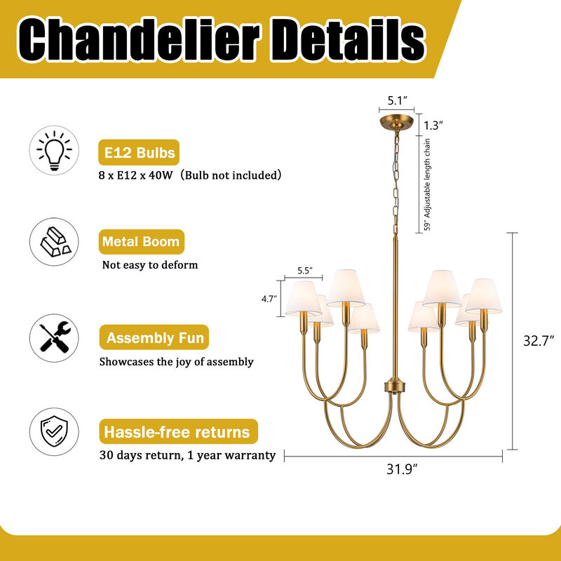 8-Light 32-Inch Mid-century Modern Satin Brass Large Chandelier with White Linen Fabric Shades For Dining Room or Foyers image number 7