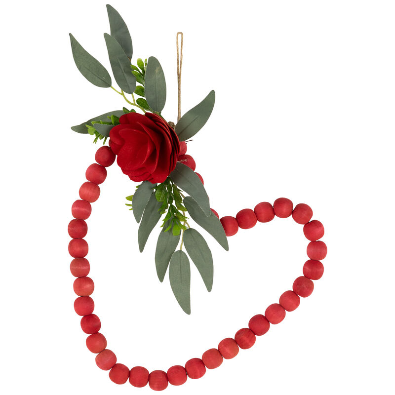 Wooden Beads with Rose Valentine's Day Heart Wall Decoration - 10.25" - Red image number 0