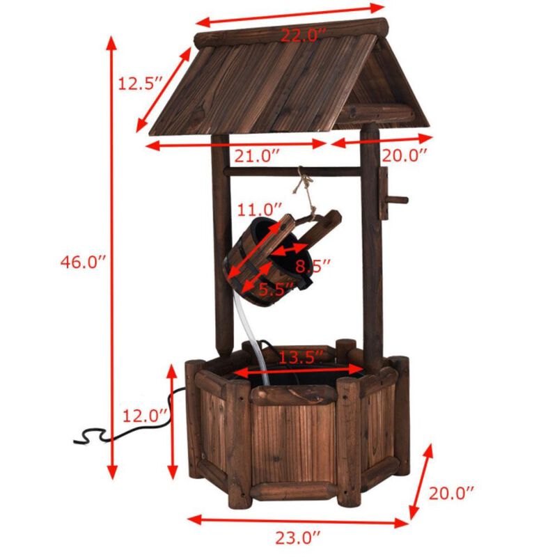 Hivvago Garden Rustic Wishing Well Wooden Water Fountain with Pump
