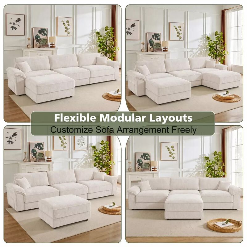 Vipbear 118" Modular L-Shaped Cloud Couch with Movable Ottoman, Chenille Sectional Sofa Living Room image number 4
