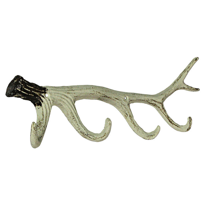 Painted Brown and White Cast Iron Deer Antler Wall Mounted Hook Rack Coat Towel Key Hat Hanger - Easy Install - Lodge, Cabin Or Western D&eacute;cor 16 Inches Long