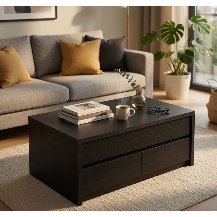 Knax Lift-Top Coffee Table with Hidden Storage and Drawers, Black Wood