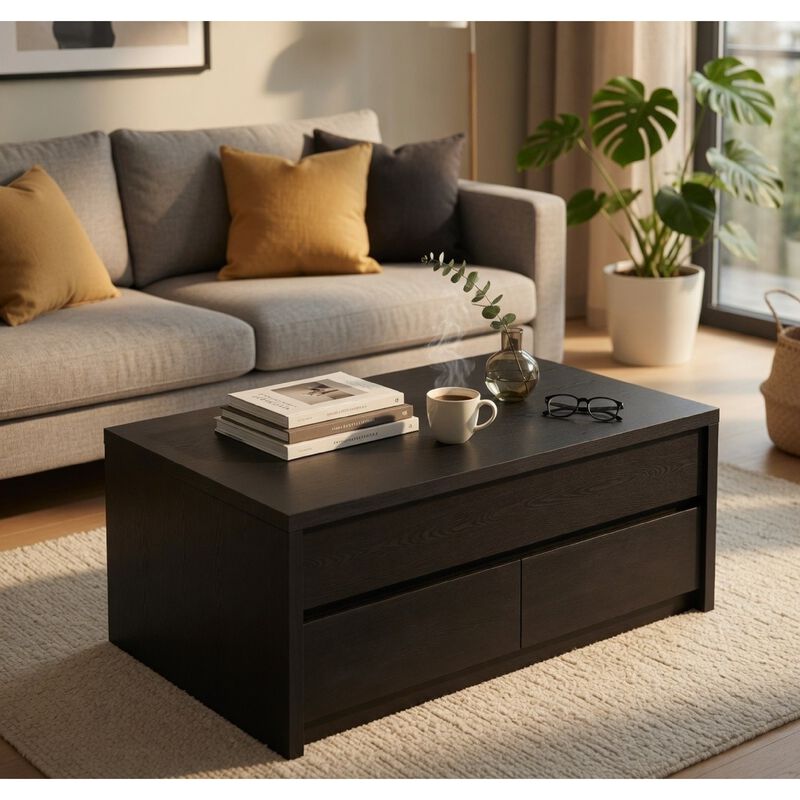 Knax Lift-Top Coffee Table with Hidden Storage and Drawers, Black Wood image number 1