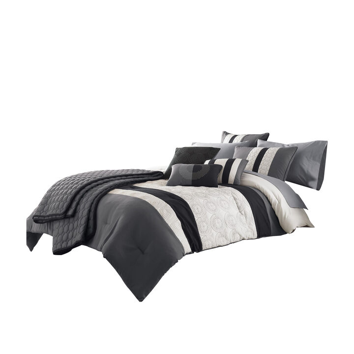 7 Piece Queen Cotton Comforter Set with Geometric Print, Gray and Black-Benzara