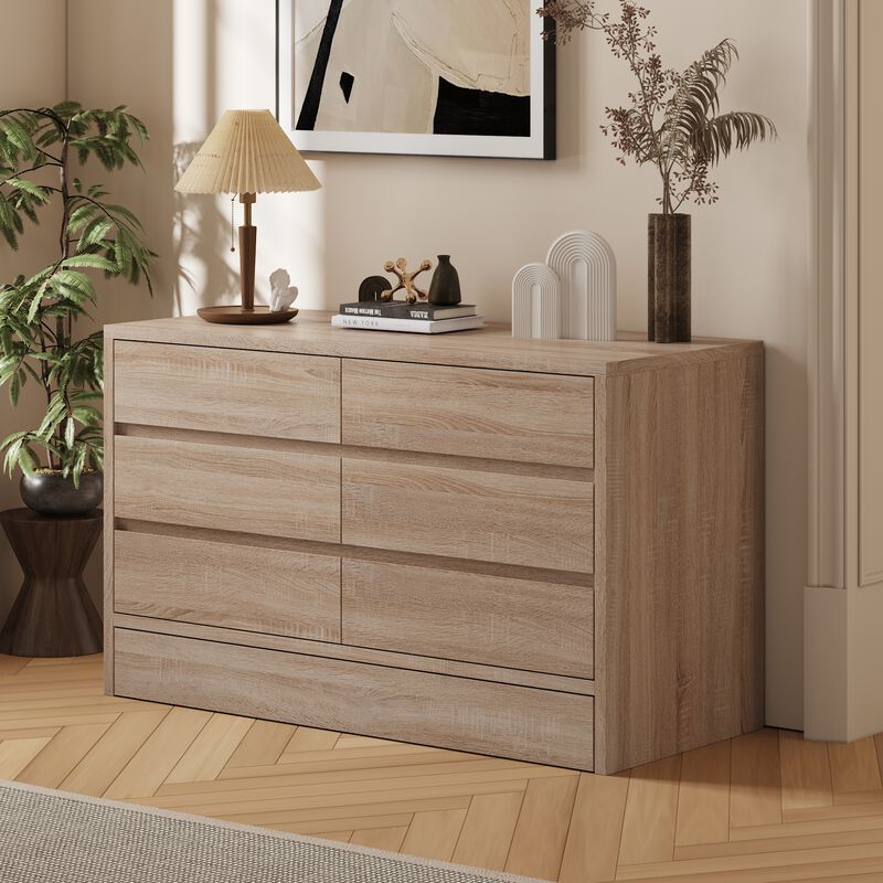 FUFU&GAGA 6-Drawer Dresser with Dark Pull-Out Drawers, MDF Woodgrain Finish, and Bottom Kick Drawer (55.1"W x 23.6"D x 33.5"H), Brown