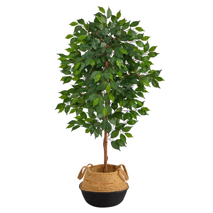 Nearly Natural 4-ft Ficus Artificial Tree in Boho Chic Handmade Cotton & Jute Black Woven Planter