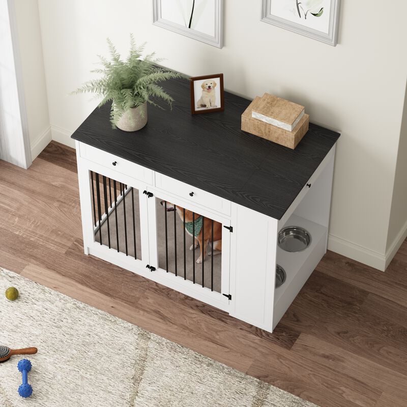 Wooden Heavy-Duty Dog House Crate, Decorative Dog Kennel Furniture Dog Cage with Three Drawers and Dog Bowls, White