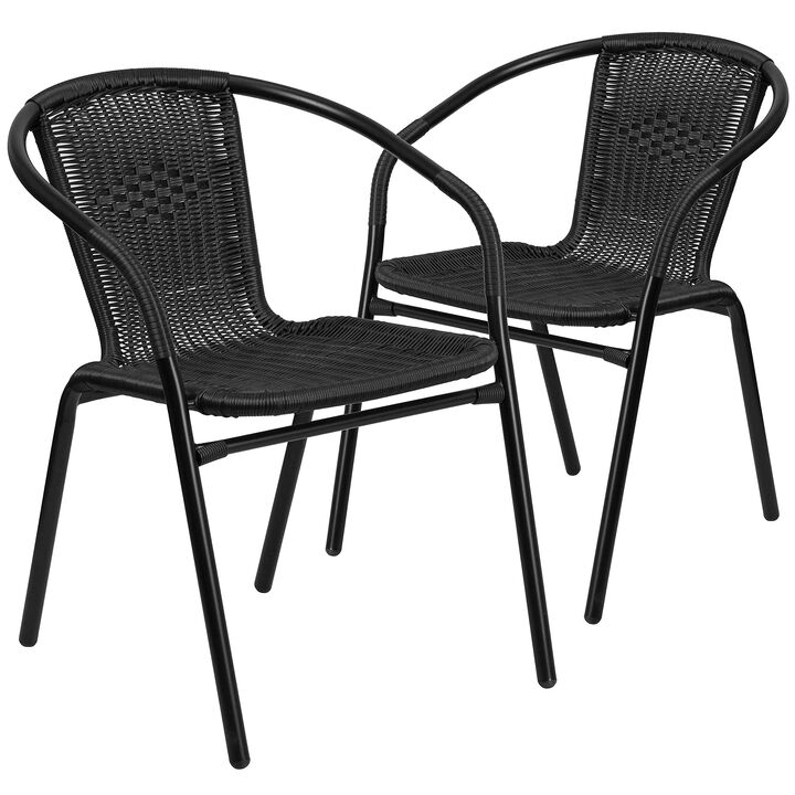 Flash Furniture Modern Rattan Indoor/Outdoor Restaurant Dining Chairs, Stackable Rattan Bistro Chairs for Patio or Restaurant, Set of 2, Black
