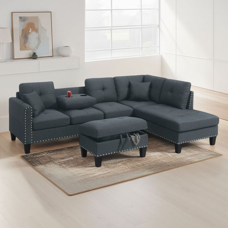 Rema 3pc Sectional Sofa, Chaise, Ottoman, 2 Pillows, Dark Gray Linen