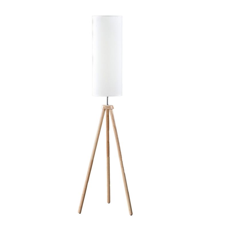58 Inch Floor Lamp, Tall Glam Drum White Shade, Metal Tripod Body, Brown - Benzara