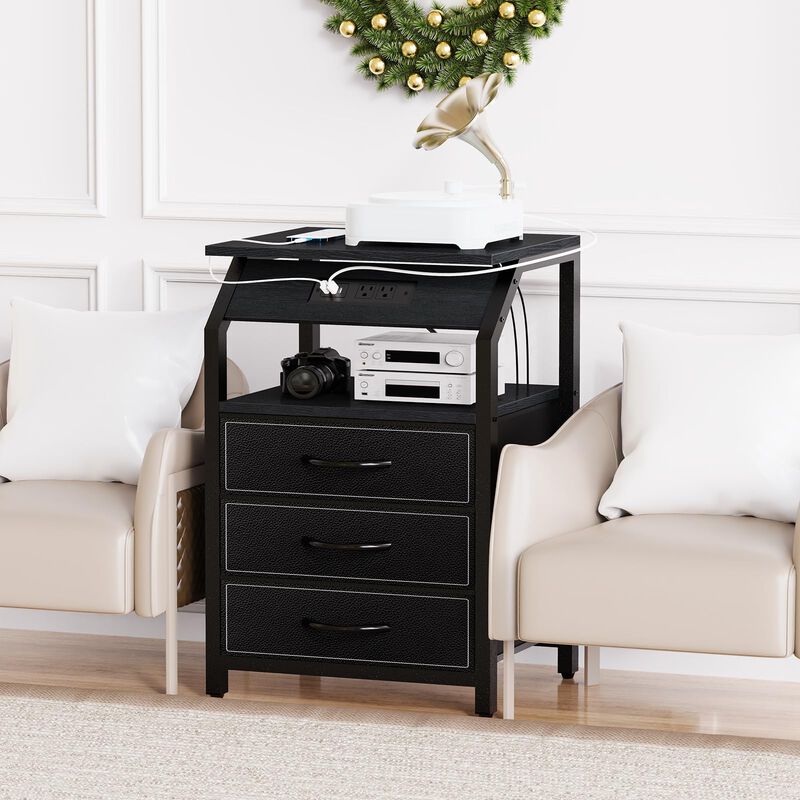 SZLHANJZ End Tables Set of 2, Nightstands with Charging Station and LED Lights, 3 Drawers Fabric Dressers, Storage Side Tables f